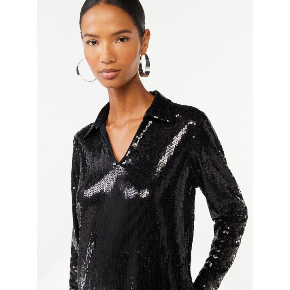SCOOP NYC Sequined Relaxed Shirt Dress with Long Sleeves, Sz XS (0-2) - Picture 2 of 9
